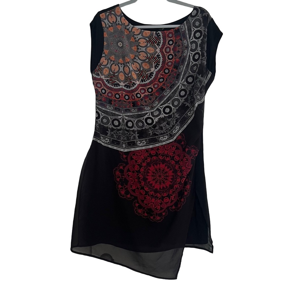 Desigual Mandala Print Tunic Dress Womens 44 Black Red‎ Boho Asymmetrical US 14